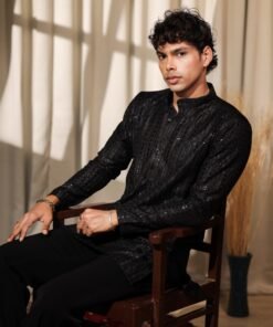 Men's Black Viscose Embroidery Kurta