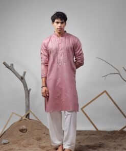 Men's Pink Viscose Embroidery Kurta