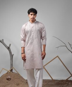 Men's Pinkish Grey Viscose Embroidery Kurta