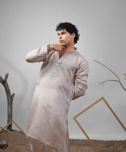 Men's Brownish Grey Viscose Embroidery Kurta