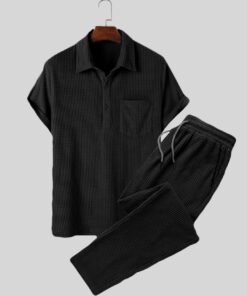 Men Set Of Two : Black Short Sleeve Knit Shirt with Drawstring Pocket  Pant