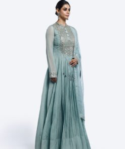Traditional Sky Organza Suit Set with Floral Embroidery & Mirror Accents
