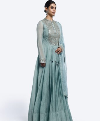 Traditional Sky Organza Suit Set with Floral Embroidery & Mirror Accents