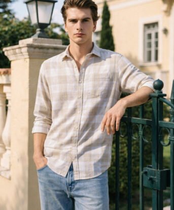 Men's Cream Slim Fit Checkered Casual Shirt