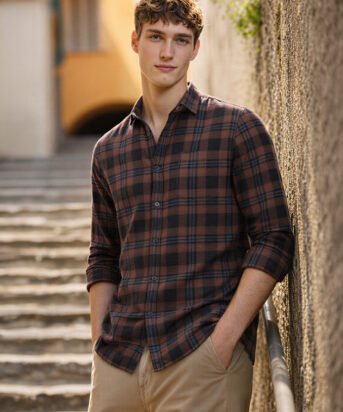 Men's Khaki Slim Fit Checkered Casual Shirt