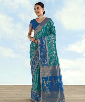 Women's Turquoise Banarasi Silk Saree With Zari Woven Design
