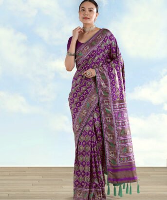 Women's Purple Satin Silk Saree With Patola Work And Elephant Motifs