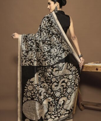 Women's Bhagalpuri Silk Black Printed Ready To Wear With Blouse Piece