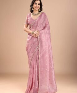 Women's Organza Pink Embroidered Designer Saree With Blouse Piece