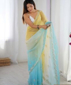 Women's Chiffon Yellow Embellished Designer Saree With Blouse Piece