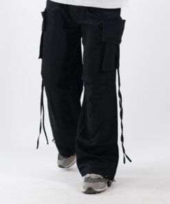 Men Drawstring Waist Plain Straight Leg Black Cargo Pants