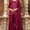 Dark Scarlet Color Georgette Embroidered Suit With Gharara