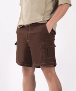 Men Loose Fit Flap Pockets Denim Shorts In Chocolate Brown