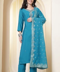 Purple Silk Neck Embroidered Suit Set With Woven Dupatta