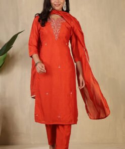 Rust Crepe Silk Neck Embroidered Suit
