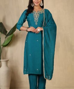 Teal Crepe Silk Neck Embroidered Suit