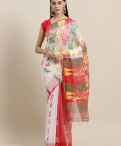 Women's White And Red Cotton Blend Jamdani Saree