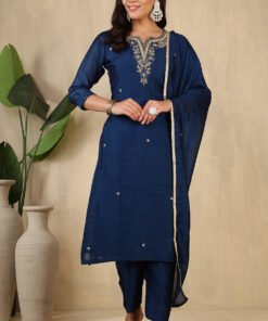 Navy Crepe Silk Neck Embroidered Suit