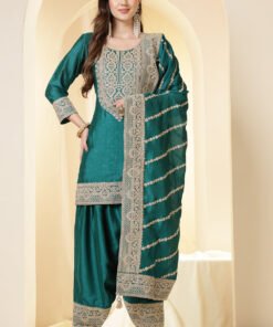 Teal Silk Zari Embroidered Suit With Farsi Salwar