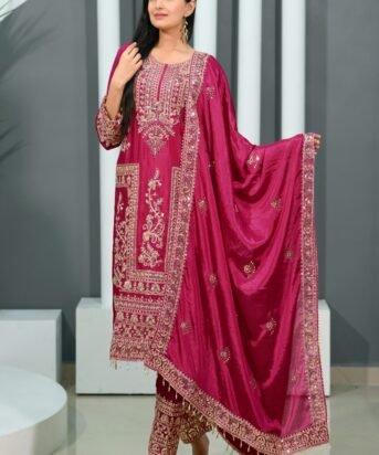 Women's Rani Colour CHINON Silk Heavy Embroidery Work Fully Stitched Pakistani Salwar Suit