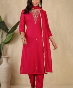 Cherry Red Crepe Silk Neck Embroidered Suit