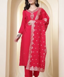 Rani Silk Neck Embroidered Suit Set With Woven Dupatta