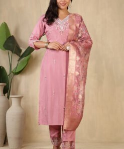 Pink Neck Embroidered Silk Suit