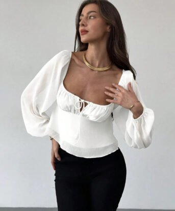 White Puff Sleeve Sweetheart Neck Corset Style Top