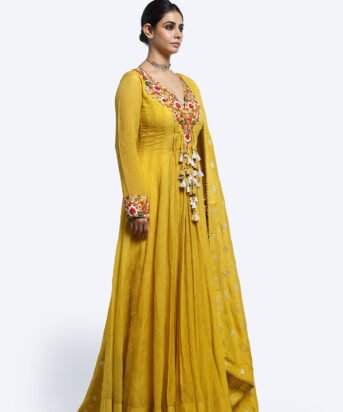 Occasion Wear Mustard Floral Embroidered Anarkali for Women