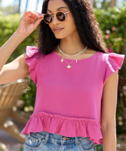 Ruby Pink Gauze Flutter Button Back Woven Blouse