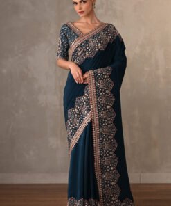 Party Wear Navy Blue Crepe Saree Set with Mirror Work