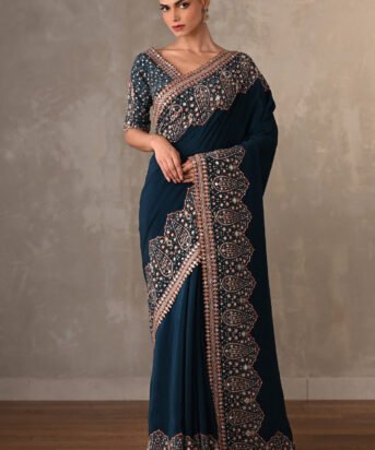 Party Wear Navy Blue Crepe Saree Set with Mirror Work