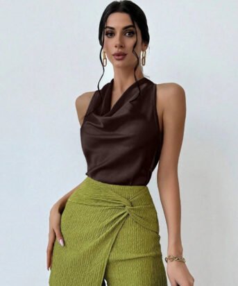 Coffee Solid Cowl Neck Sleeveless Top for Women
