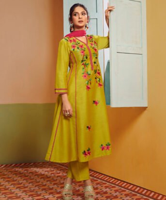 Women's yellow Cotton Anarkali Set