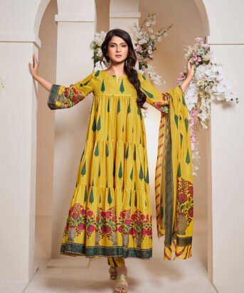 Women's yellow Cotton Anarkali Set