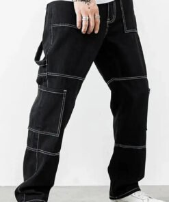 Men Contrast Stich Multiple Pockets Baggy Cargo In Black