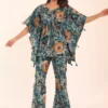 Trendy Multicolor Floral Print Western Crop Top and Pant Set