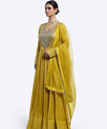 Designer Mustard Mirror Work V-Neck Organza Crush Suit Set with Dupatta