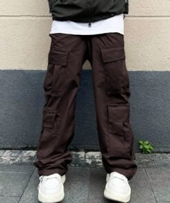 Men Fashion Multi Pocket Casual Breathable Baggy Cargo Pants In Dark Brown