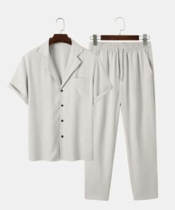 Men Two Piece Outfit Casual Basic Short Sleeved Button Up Shirt & Straight Leg Pant In Grey