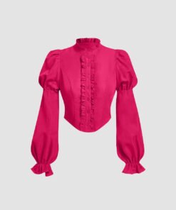 Ruffled High Neck Corset-Style Lantern Sleeve Blouse in Pink