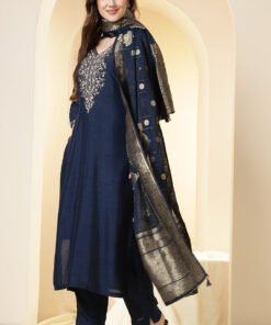 Wine Color Silk Suit Set With Neck Embroidered