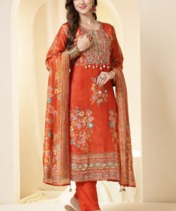 Orange Color Shimmer Tissue Printed & Embroidered Suit Set