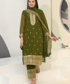 Women's Mahendi Colour Faux Georgette Silk Heavy Embroidery Work Fully Stitched Pakistani Salwar Suit