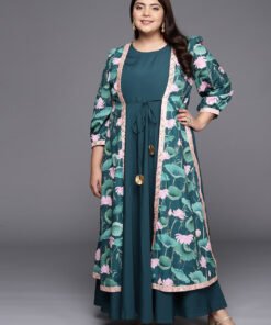 Women's Green Crepe Printed Round Neck Gown