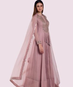 Traditional Pink Organza Suit Set with Floral Embroidery & Mirror Accents
