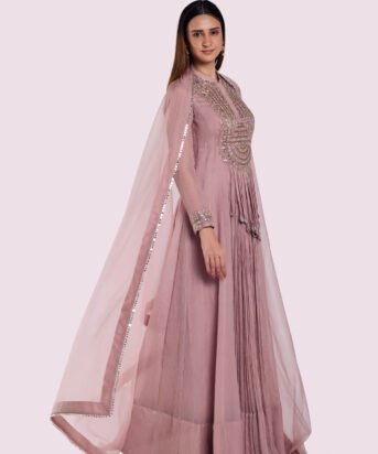 Traditional Pink Organza Suit Set with Floral Embroidery & Mirror Accents