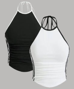 Combo of 2 : White and Black Halter Neck Lace-Up Sleeveless Top