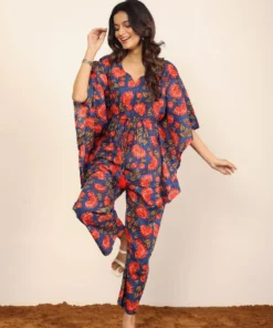 Blue and Red Floral Printed 100% Cotton Co-ord Set for Women