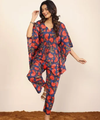 Blue and Red Floral Printed 100% Cotton Co-ord Set for Women
